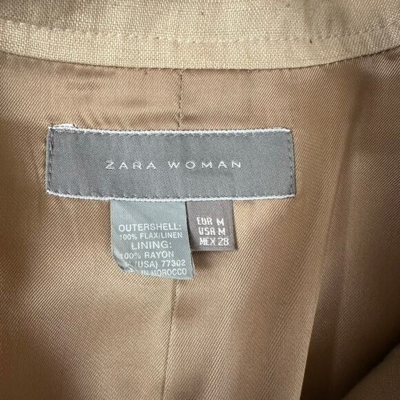 ZARA WOMAN Beige Linen Utility Jacket Safari Style Leather Belted Office Medium - Picture 5 of 7